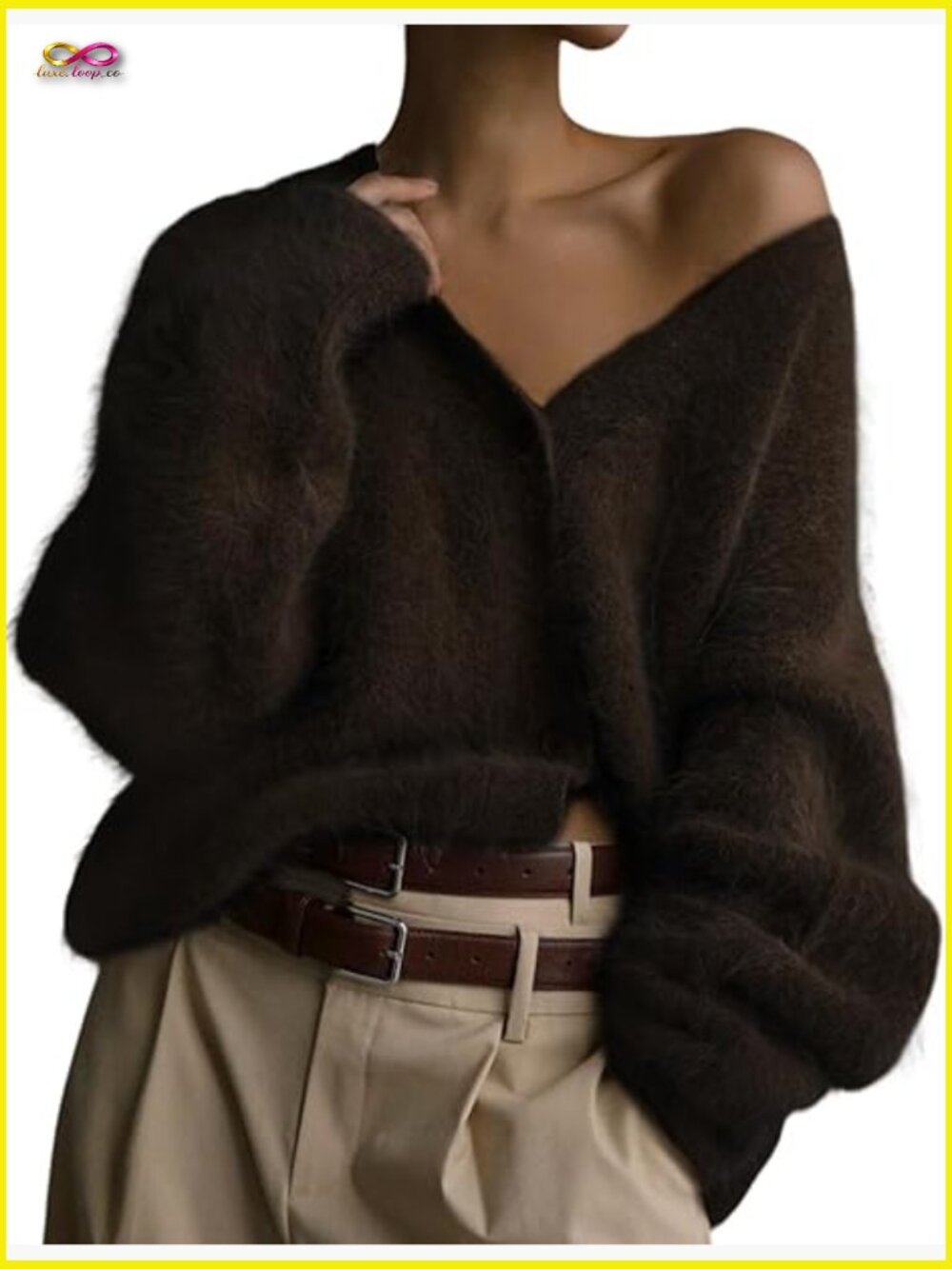 Fuzzy Cardigan Sweater V Neck Long Sleeve Button Down Slouchy Furry Knit
